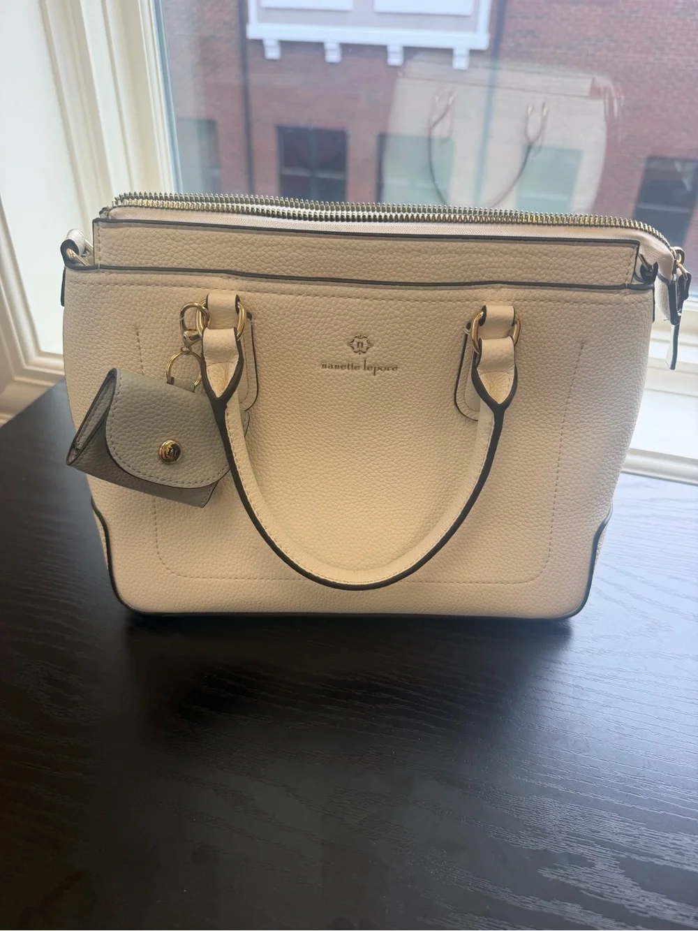 Nanette Lepore Cream Leather Double Zip Satchel with Gold Hardware